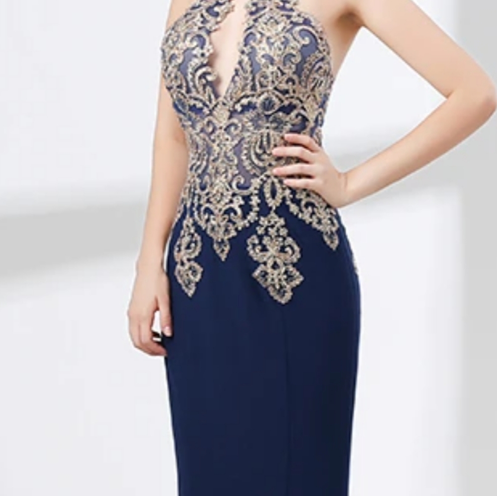 Xscape Navy Blue Embroidered Gown